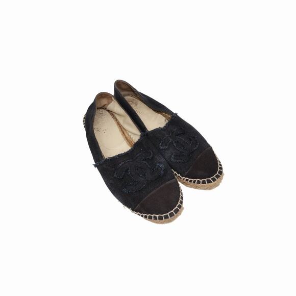Chanel Fabric Interlocking CC Logo Canvas Espadrilles Flats Black Size 39 - Picture 1 of 7